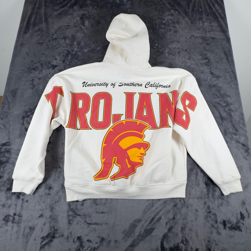 Hollister Hoodie Mens XL Cream USC Trojans Boxy Fit Sweatshirt Graphic Back 4410